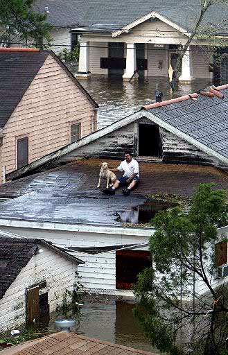A Hurricane Katrina survivor rests with his dog as he awaits help