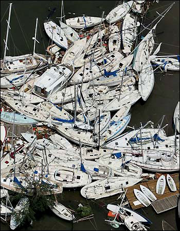 Boats pushed together by the violent winds of Hurricane Katrina