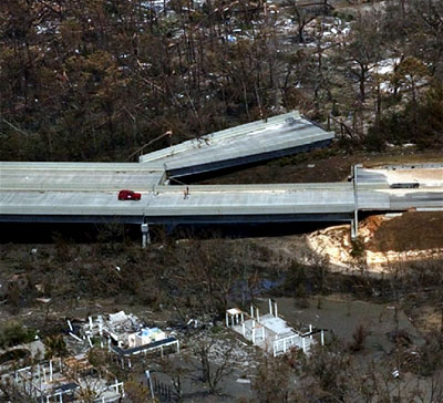 A destroyed freeway section